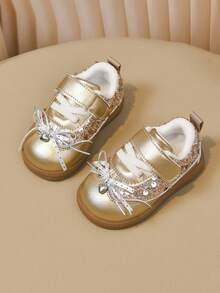 Gold Sequin Girls' First Walker Shoes, Heart Pendant Bow Magic Tape Princess Shoes For Baby Girls - Rose Gold - View 4