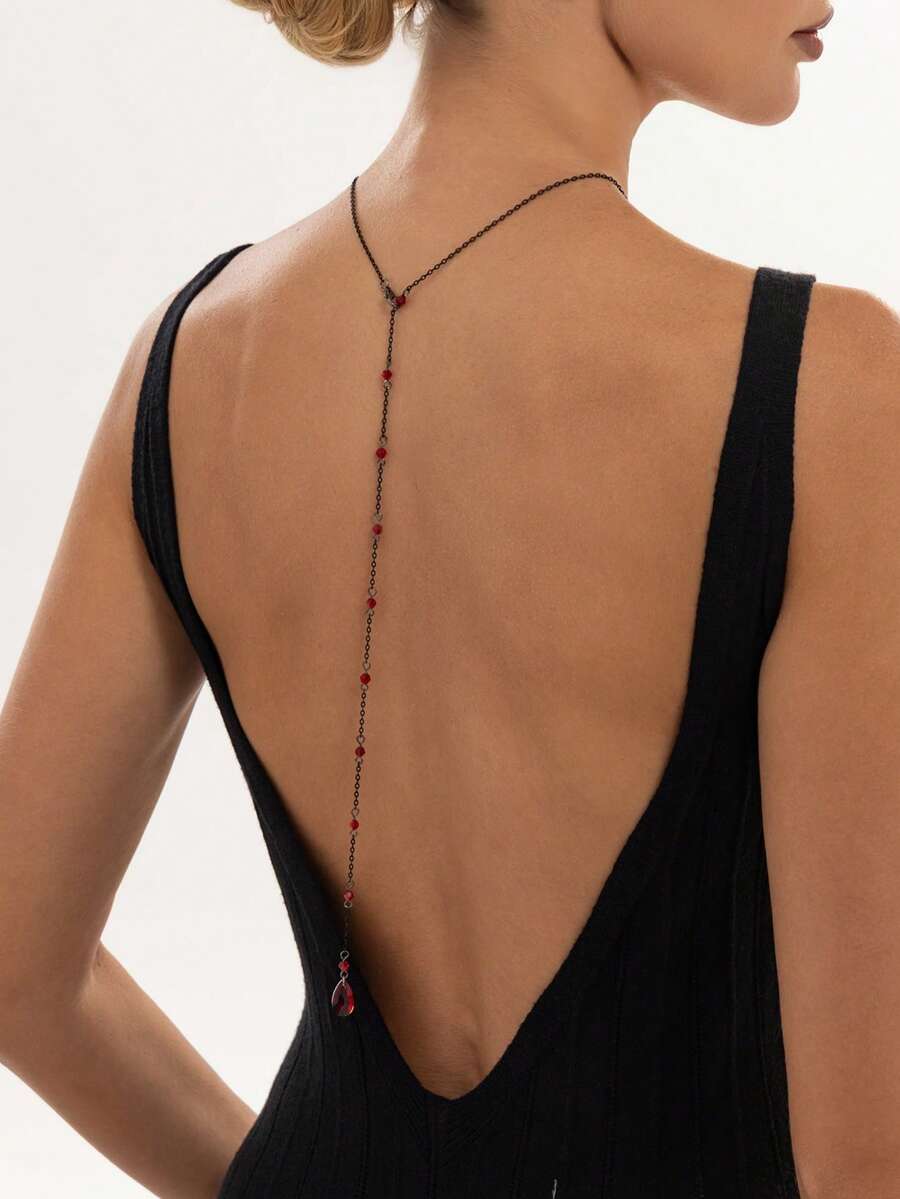 1pc Gothic Black Chain Red Teardrop Crystal Back Necklace, Women's Atmospheric Backless Body Jewelry For Halloween Party Dress