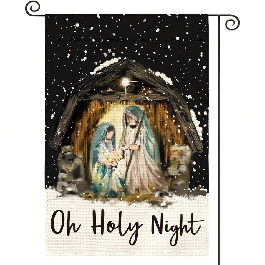 1件 Oh Holy Night 聖誕馬槽場景花園旗,黑色雪花背景雙面印刷宗教聖誕庭院裝飾,不含旗桿 - 黑色飄雪底色 - 查看 1