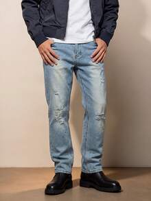 Men's Washed Slim Fit Tapered Jeans, Vintage Gradient Cat Whisker Distressed With Multiple Knee Rips And Holes, Vibe Street Casual Everyday Denim - Blue - View 1