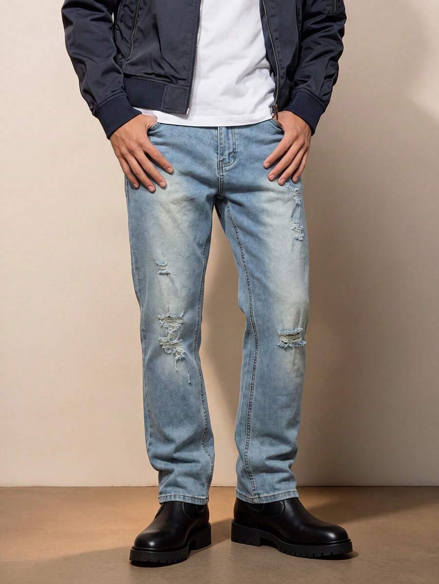 Men's Washed Slim Fit Tapered Jeans, Vintage Gradient Cat Whisker Distressed With Multiple Knee Rips And Holes, Vibe Street Casual Everyday Denim - Blue - View 1
