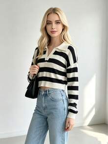 Jersey de punto con solapa a rayas en blanco y negro para mujer, camisa POLO casual de manga larga, corte entallado, favorecedor, cómodo y de estilo moderno. - Blanco y Negro - Ver 3