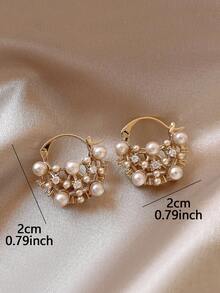 1 Pair Elegant Cubic Zirconia Hollow Faux Pearl Stud Earrings, Suitable For Women's Daily Wear - Coffee Gold - View 4