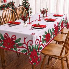 1pc Christmas Poinsettia Holly Leaf Snowflake Print Rectangular Tablecloth, Suitable For Holiday, Party, Birthday, Dinner, Restaurant Table Decor, Christmas Home Autumn/Winter Decoration - Multicolor - View 3