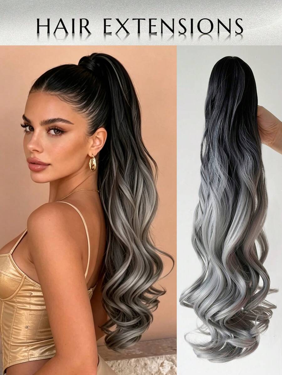 Extensiones de cabello sintético ondulado gris de 24 pulgadas, fibra resistente al calor, diseño con clips, adecuadas para mujeres y niñas para fiestas y uso diario - Gris degradado - Ver 1