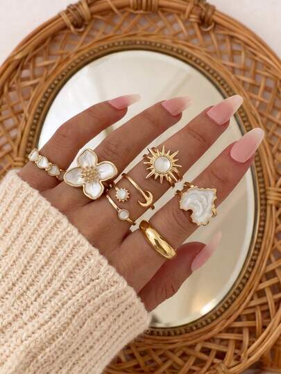 6 pièces/Set Bagues vintage françaises en nacre blanche, design soleil lune fleur cœur, bagues de doigt empilables et ajustables pour femmes, accessoires ambiance vacances