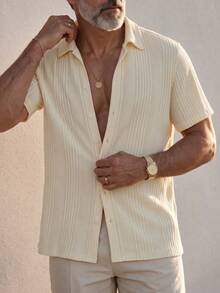 GOLDREDY Summer Fashion Men's Textured Jacquard Short Sleeve Shirt, Mature Style, Simple Versatile Casual Slimming Turn Collar Blouse - Yellow - View 3