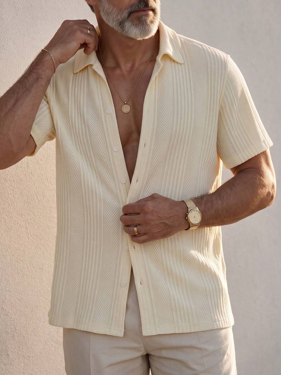GOLDREDY Summer Fashion Men's Textured Jacquard Short Sleeve Shirt, Mature Style, Simple Versatile Casual Slimming Turn Collar Blouse - Yellow - View 1