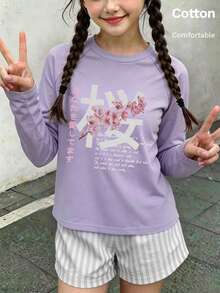 Autumn Girls Long Sleeve Tee With Pink Cherry Blossom Print And Japanese Text, Round Neck Raglan Sleeve, Light Purple - Mauve Purple - View 4