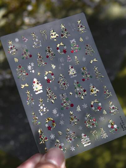 1pc 3D Embossed Christmas Tree Nail Sticker, Gold And White Snowflake, Self-Adhesive Merry Christmas Nail Art Decoration