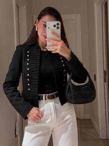 Women's Black Stand Collar Cropped Jacket, Double-Breasted Knit Contrast Design, Slimming Waist, Sexy Style - Black - View 5