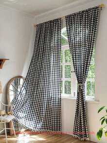 1pc American Country Style Minimalist Solid Color Plaid Pattern Curtain, Suitable For Bedroom, Living Room, Balcony - Navy - View 9