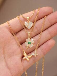 3pcs Niche Luxury Multi-Layer Stackable Heart Clover Butterfly Pendant Necklace, Exquisite Atmosphere, Suitable For Women's Daily, Party And Holiday Wear, Beautiful Jewelry Gift For Women - Necklace Set - View 4