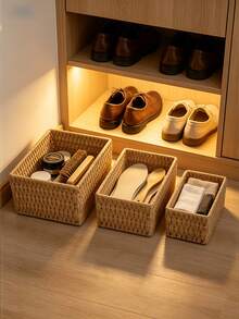 1/3pcs Handmade Woven Rattan Storage Tray Desktop Organizer, Suitable For Cosmetics, Keys, Jewelry, Stationery And Other Small Daily Items, Multi-Functional Stackable, Rustic Natural Woven Rattan Finish, Versatile Fashionable, Suitable For Home Living Room Bedroom Study Office Desktop - Camel - View 9