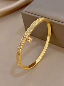 1pc Elegant Hollow Heart Series Bangle Bracelet For Women Luxury Zirconia Golden Copper Bangle For Daily Party Valentine Birthday Christmas Jewelry Gift - Multicolor - View 9