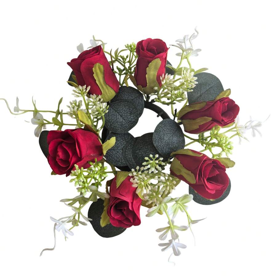 Artificial Flower Wreath Candle Holder Decoration, Wedding Table Centerpiece, White Rose Floral Arrangement Table Decor For Banquet - White - View 1