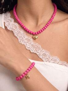 2pcs Fashionable Cute Youthful Aesthetic Rose Red Beaded Heart Pendant Necklace & Star Charm Elastic Bracelet Jewelry Set, Suitable For Girls Daily Wear And Party Holiday Accessories Set - Hot Pink - View 1