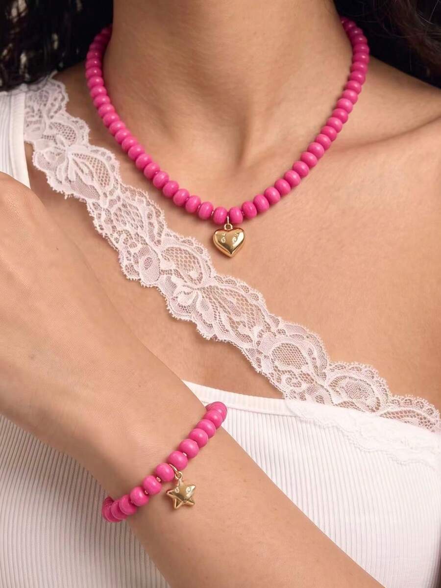 2pcs Fashionable Cute Youthful Aesthetic Rose Red Beaded Heart Pendant Necklace & Star Charm Elastic Bracelet Jewelry Set, Suitable For Girls Daily Wear And Party Holiday Accessories Set - Hot Pink - View 1