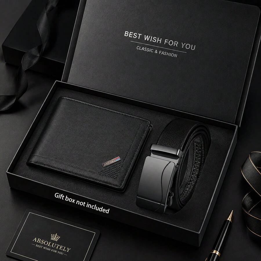 2PCS Men's Wallet And Belt Gift Set, PU Leather Wallet With Automatic Buckle Belt, Classic Business Style Accessories For Birthday Christmas - Black - View 1