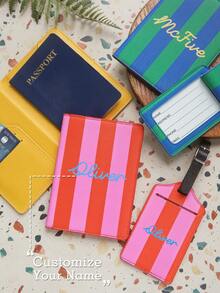 2pcs Set Customized Name Travel Passport Cover And Luggage Tag, RFID Anti-Theft, UV Printed Colorful Stripes, Travel Document Accessories, Travel Gift - Multicolor - View 2