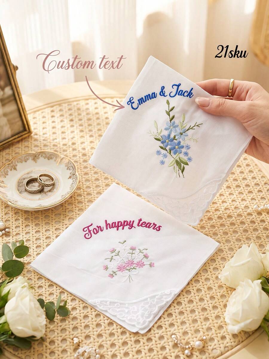 1pc Custom Text Wedding Handkerchief, Personalized Happy Tears Bridal Hankie, Custom Flower Gift For Bride, Mother Of The Bride Groom Keepsake - Multicolor - View 1