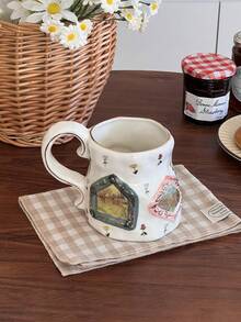 1pc Vintage Small Window Pattern Large Capacity Ceramic Mug, Suitable For Home Kitchen Restaurant Office, Exquisite Ceramic Mug, Can Be Used As Coffee Cup, Milk Cup, Breakfast Cup, Latte Cup, Multi-Functional Mug, Personalized Holiday Gift - Multicolor - View 2