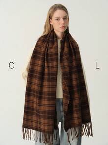 1pc Women's Vintage Fashionable Dual-Color Plaid Casual Versatile Polyester Scarf, Warm For Autumn/Winter Daily Wear - Khaki - View 11