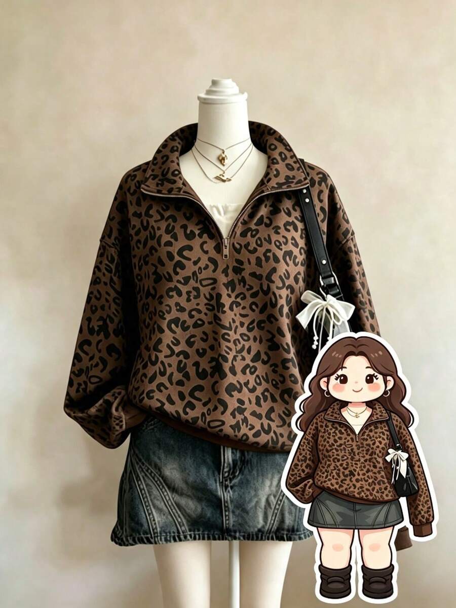 Plus Size Women's Leopard Print Half-Zip Sweatshirt, Fashionable Long Sleeve Collared Sweatshirt, Autumn Outfit Choice Casual