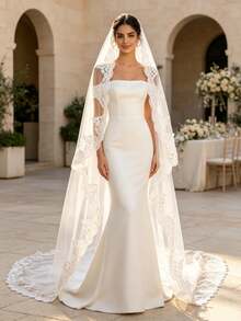 1pc Cathedral Length Lace Bridal Veil, White Soft Tulle With Metal Hair Comb, Garden Wedding Wedding Dress Photography Accessory - White-i - View 9
