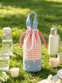 1pc Plaid Spliced Drawstring Water Bottle Bag, Portable Hand‑Held Insulated Cup Sleeve, Anti‑Scald Water Bottle Pouch, Protective Holder For Cup For Outdoor Picnic Travel Daily Use,Christmas Home Decor - Multicolor - View 12