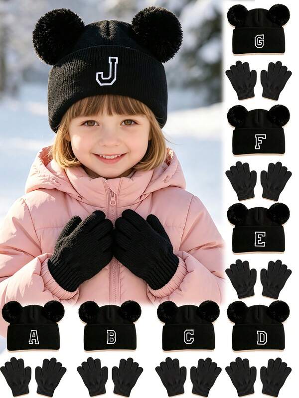 3pcs Baby Pom Pom Knit Hat & Knit Fingerless Gloves Set, Boys Girls Winter Warm Cold-Proof Outfit, Suitable Autumn/Winter Outdoor Fashion Matching