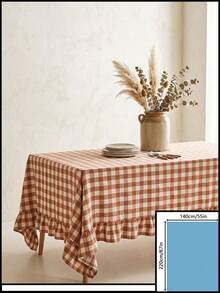 1pc Brown And White Large Plaid Ruffle Edge Tablecloth, Rustic Country Style Rectangular Same-Color Ruffle Edge Pleated Detail Decorative Functional Dining Tablecloth Suitable For Family Gatherings And Rustic Home Decor Scenes - Khaki - View 13