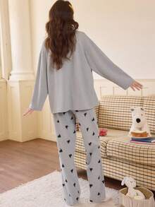2pcs Women's Pajama Lounge Set, Pullover Round Neck Cute Cat Print Minimalist Long Sleeve Cropped Pants, Comfortable For Home Wear - Grey - View 2