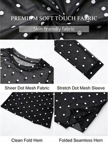 BADDIE REALM Women's Slim Fit Long Sleeve Polka Dot Mesh Top, Elastic Daily Basic Style - Black - View 10