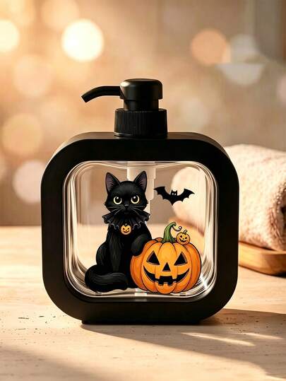 1 pieza Dispensador de jabón de 300ml con patrón de gato negro, calabaza y murciélago de Halloween - Dispensador de bomba reutilizable, decoración compacta para cocina/baño, adecuado para jabón de platos, jabón de manos, loción - Perfecto como regalo de inauguración de casa para amantes de los perros, decoración de primavera - Material de plástico, accesorio de baño, diseño lindo, cabezal de bomba fácil de usar, decoración del hogar, regalo de Halloween, regalo de Navidad. Botella dispensadora de jabón de calabaza de la serie de Halloween - Dispensador de bomba reutilizable con un solo clic
