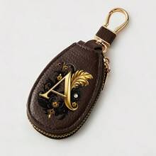 Litchi Pattern Key Bag -Black Gold Letters A-Z Car Key Protection Cover,PU Key Storage Clip,Zipper Bag,Car Key Storage Device,Car Keychain,Unisex Gift - Multicolor - View 44