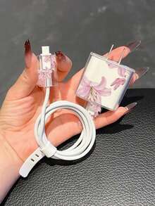極簡花卉元素蘋果充電器蝴蝶結造型保護套，適用於 20W Apple 15 充電線保護套、16 Pro Max 手機數據線保護套、13/14 Plus 保護殼，防斷裂、防貓咬 - 蝴蝶百合花 - 查看 3