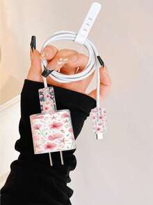 極簡花卉蘋果充電器蝴蝶結造型保護套，適用 20W Apple 15 充電線保護套、16 Pro Max 手機數據線保護套、13/14 Plus 保護殼，防斷裂、防貓咬 - 粉花海洋 - 查看 8