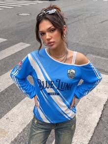 Women's Casual Manchester Jersey Asymmetrical Neck Contrast Lace Oversized Long T-Shirt For Daily Wear Fall & Winter, Going Out - Blue - View 5