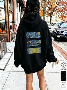 Oversized Women's Sweatshirt For Autumn/Winter, Long-Sleeve Hoodie With Pockets, Casual Top, Y2K Style, Daily Letter Graphic Print, Unisex Black - Black - View 4