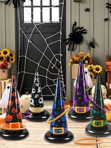 Juego de lanzamiento de aros con sombrero de bruja inflable reutilizable, patrón espeluznante de Halloween, accesorios de juego de PVC a prueba de fugas, adecuado para juegos familiares en grupo en el patio trasero y césped, suministros de actividad interactiva para fiesta de Halloween y carnaval - A - Ver 1