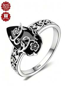 1pc Black Cubic Zirconia 925 Sterling Silver Ring, Flower Of Life Jewelry, Size 6-10, Suitable For Women's Daily Wear, Comes With Gift Box - Silver - View 1