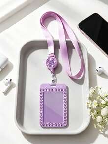 Purple Rhinestone ID Card Holder With Lanyard, ID Card Storage Box, Anti-Lost Lanyard, Student ID Card Holder, Self-Service Restaurant Card Holder - Multicolor - View 4