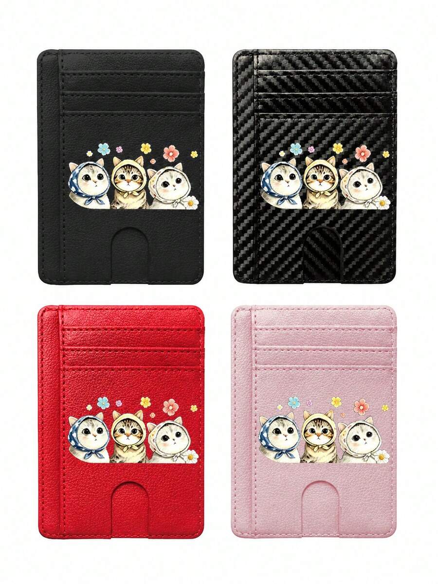 Slim Multi Slot Card Holder With Cute Cat Pattern,Mini Credit Card Wallet Portable Id Card Case For Women,Credit Card Holder Money Clip With Id Window - Multicolor - View 1