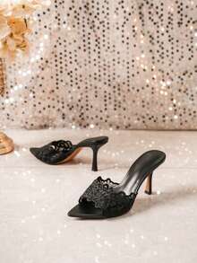 Lace Pointed Toe High Heel Mule Sandals, Sexy Open Toe Stiletto Heel Summer Slip-On Slides For Women, Elegant Outdoor Party Wear - Black - View 5
