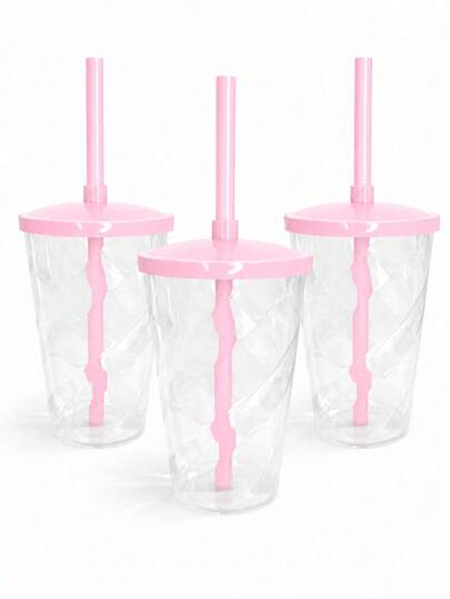 20 Copos Cristal Transparente 400ml Com Tampa E Canudo Rosa Claro Lembrancinha para Festa