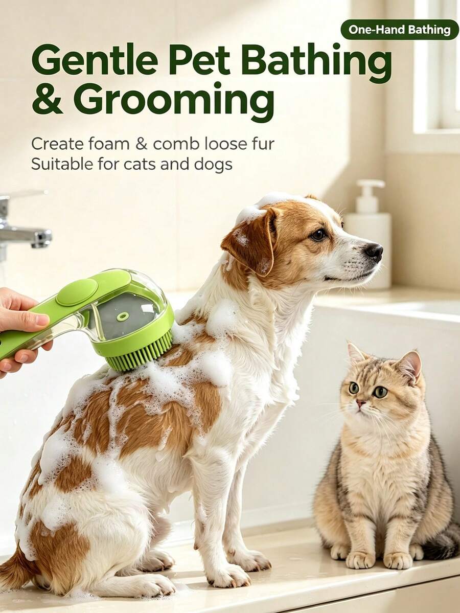 Press-Type Liquid Dispensing Pet Bath Brush, Can Fill With Bath Gel, Complete Pet Grooming With One Hand. Soft Silicone Round Bristles For Scrubbing And Foaming, Removing Loose Fur; Extended Handle For Comfortable Grip, With Hanging Hole For Easy Air Drying, Suitable For All Pets. - View 1
