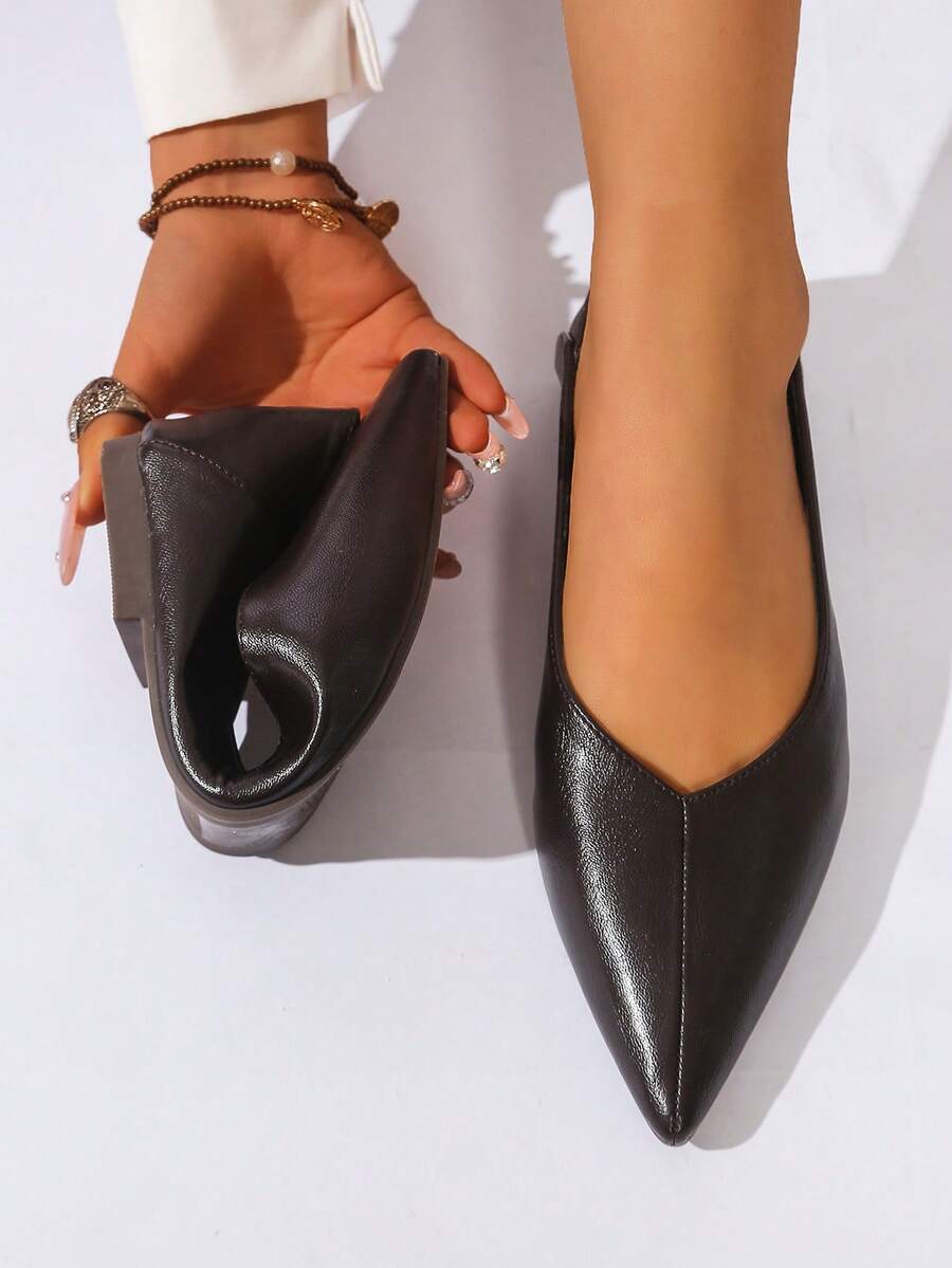 Women's Pointed Toe Ballet Flats V-Cut Slip-On Dress Shoes - Brown - View 1