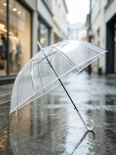 Parapluie long à manche crochet transparent, canopée transparente, multi-rayons coupe-vent, ouverture en un clic, double usage pour la pluie & la photographie