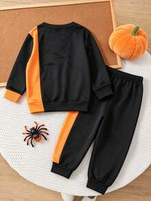 Young Boys Halloween Pumpkin Dinosaur Spider Web Pattern Autumn/Winter Colorblock Crew Neck Sweatshirt And Sweatpants Set 2pcs - Black - View 2